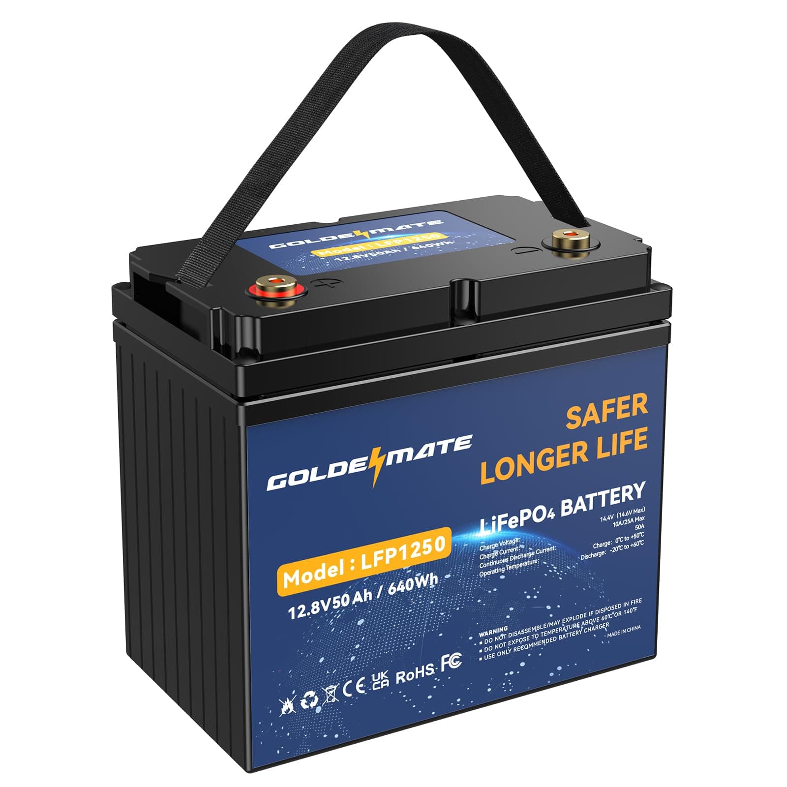 GOLDENMATE 12V 50Ah LiFePO4 Battery, 10 Years Lifespan & 5000+ Cycles, Max to 640Wh, Rechargeable Lithium Iron Phosphate Battery with 50A BMS, Perfect for Solar, Marine, Trolling Motor, RV, Camping