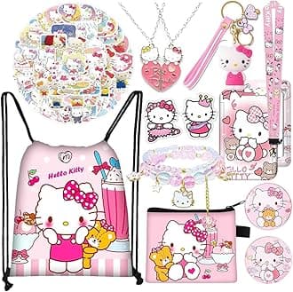HASTHIP® 12Pcs Kawaii Sanrio Stuff Kitty School Supplies Set, Hello Kitty Sanrio Stationery Set with Drawstring Bag Coin Wallet Bracelet Keychain Necklaces Button Pins Stickers Lanyard for Kids Adults