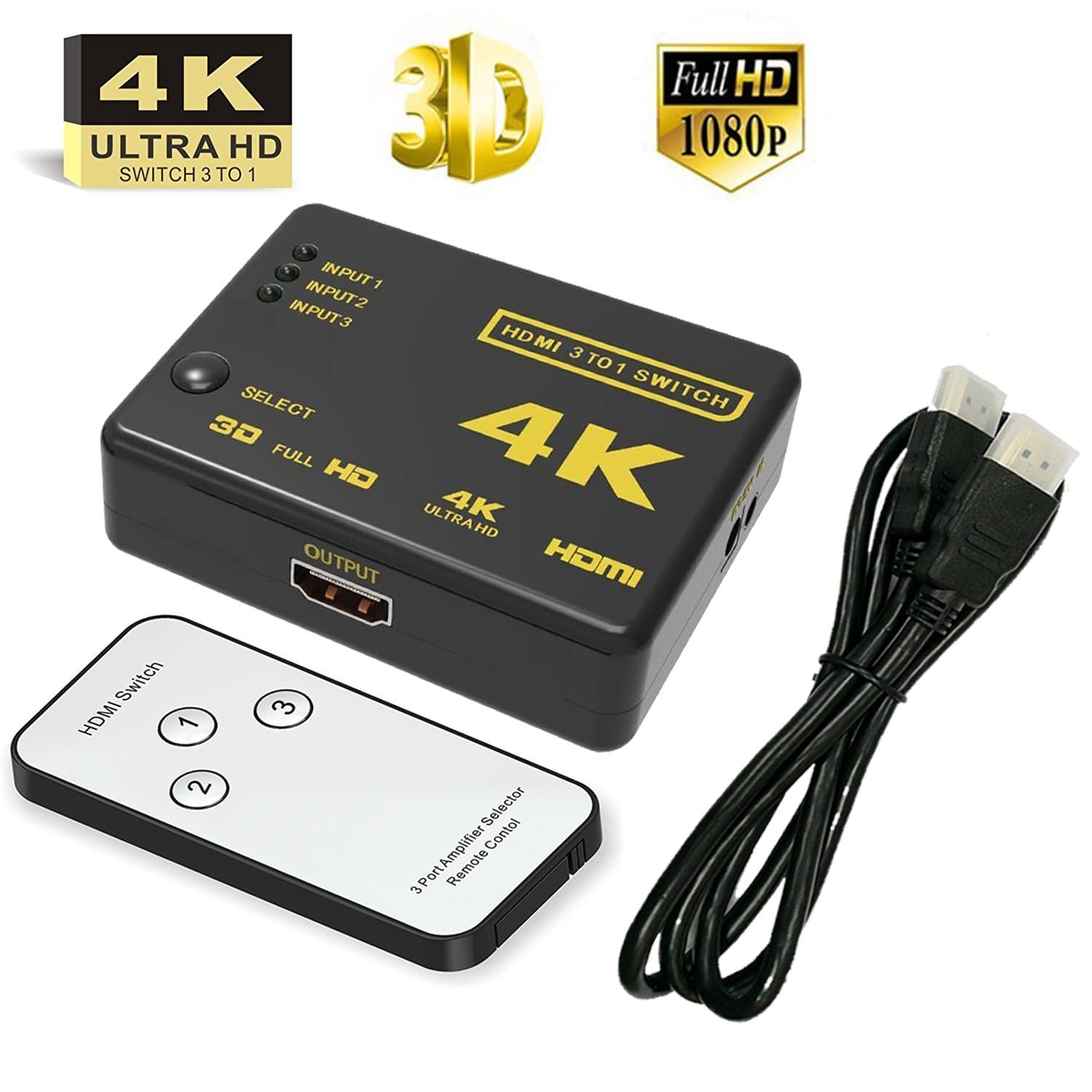 HDMI Switch,AMDISI 3 Port HDMI Switch 4K Support Full HD 3D 1080p HDCP,DTV PC Projector PS3 PS4 Xbox STB,with 1 HDMI Cable,Remote Control and Charging Cable.