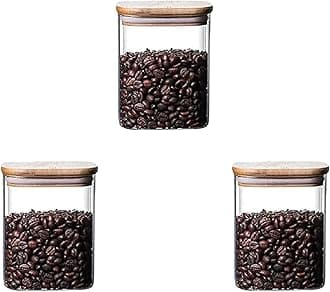 Jinelza270 ml glass jars with wooden lid glass jar set food storage containers Borosilicate Glass Jar Set/Suit for Sugar, Salt, Coffee, Tea, and Other Dry Food Storage (270ML SQUARE JAR, 3 PCS)