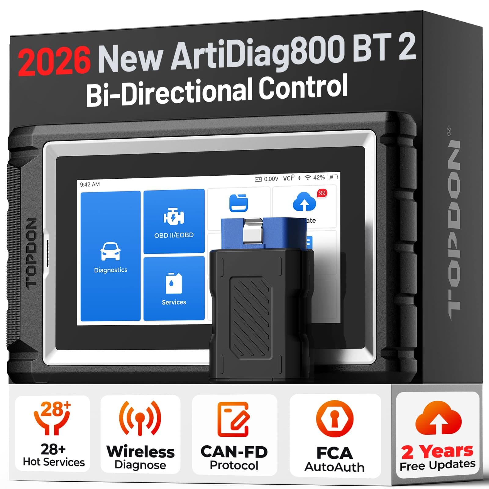 TOPDON AD800BT 2 OBD2 Scanner, 2026 Bidirectional Scan Tool, Function as AD900 Lite AD Pro, All System Automotive Diagnostic Scanner, Active Test, 28+ Reset Service, FCA Autoauth, 2 Years Free Update
