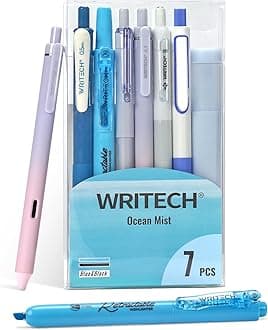 WRITECH Gel Pens Journaling Highlighters: Journal Set Aesthetic Assorted Pastel Color Ink 0.5mm Fine Point Retractable 0.7mm Black Pen Smooth Writing Drawing No Bleed 7ct (Blue)