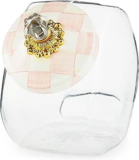 Cookie Jar with Enamel Lid, Large Glass Treat Jar or Kitchen Jar, 1-Gallon Capacity, Pink-and-White Rosy Check