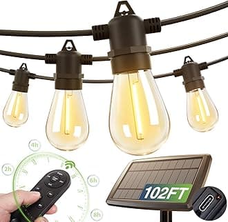 addlon 102FT(96+6) Solar String Lights Outdoor Waterproof with USB Charging & Remote Control - Dimmable Solar Power Patio Lights with LED Bulbs for Porch, Garden, Yard, Market, Bistro - Lasts 20+ Hrs