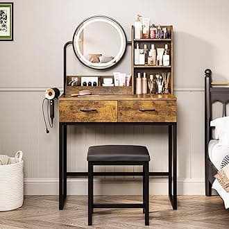 Makeup Vanity Desk with Round Mirror and Lights, White Vanity Makeup Table with 2 Drawers, Small Vanity Table for Bedroom with Lots Storage (Brown and Black, 15.75 * 31.5 * 53.6in)