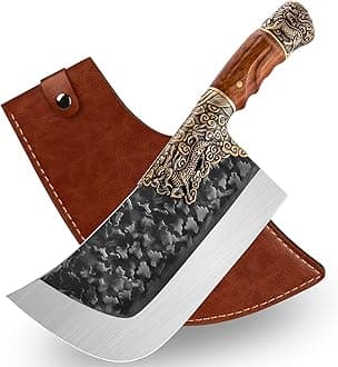 Purple Dragon Meat Cleaver Knife Heavy Duty Butcher Knives Hand Forged Professional Bone Chopper with Leather Sheath High Carbon Steel Sharp for Home or Restaurant Christmas Gift for Men and Women