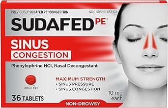 PE Sinus Congestion Relief Tablets, Maximum Strength, Non-Drowsy 10 mg Phenylephrine HCI Decongestant for Sinus Pressure & Nasal Congestion Relief, Due to Cold or Allergies, 36 ct