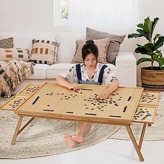 TEAKMAMA 2000 Piece Wooden Jigsaw Puzzle Board with 4 Drawers, Folding Puzzle Table with Protective Cover, Jigsaw Board with Legs, Multifunctional Game Table for Adults, 41.3W x 27.5D, Natural