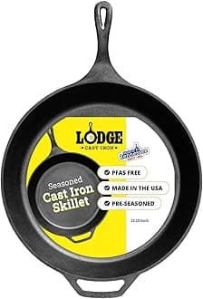 Lodge Seasoned Cast Iron Skillet - PFAS-Free, Non-Toxic Cookware - Use with an Oven, Stove, Grill, or Campfire - Naturally Non-Stick & Oven Safe - 13.25 Inches