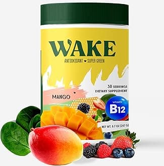 Wake Antioxidant Super Greens, Best Natural Powder Superfood, Spirulina & Chlorella, Vitamin B12, Non-GMO Vegan Drink, Juice & Smoothie Blend, Enzymes, Probiotics, Acai Berry & Camu Camu