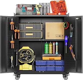 SUXXAN Metal Storage Cabinet with Wheels, Rolling Storage Cabinet with 2 Doors and Adjustable Shelves, Pegboard and 4 Hooks, Suitable for Garage, Home, Office, School, Black