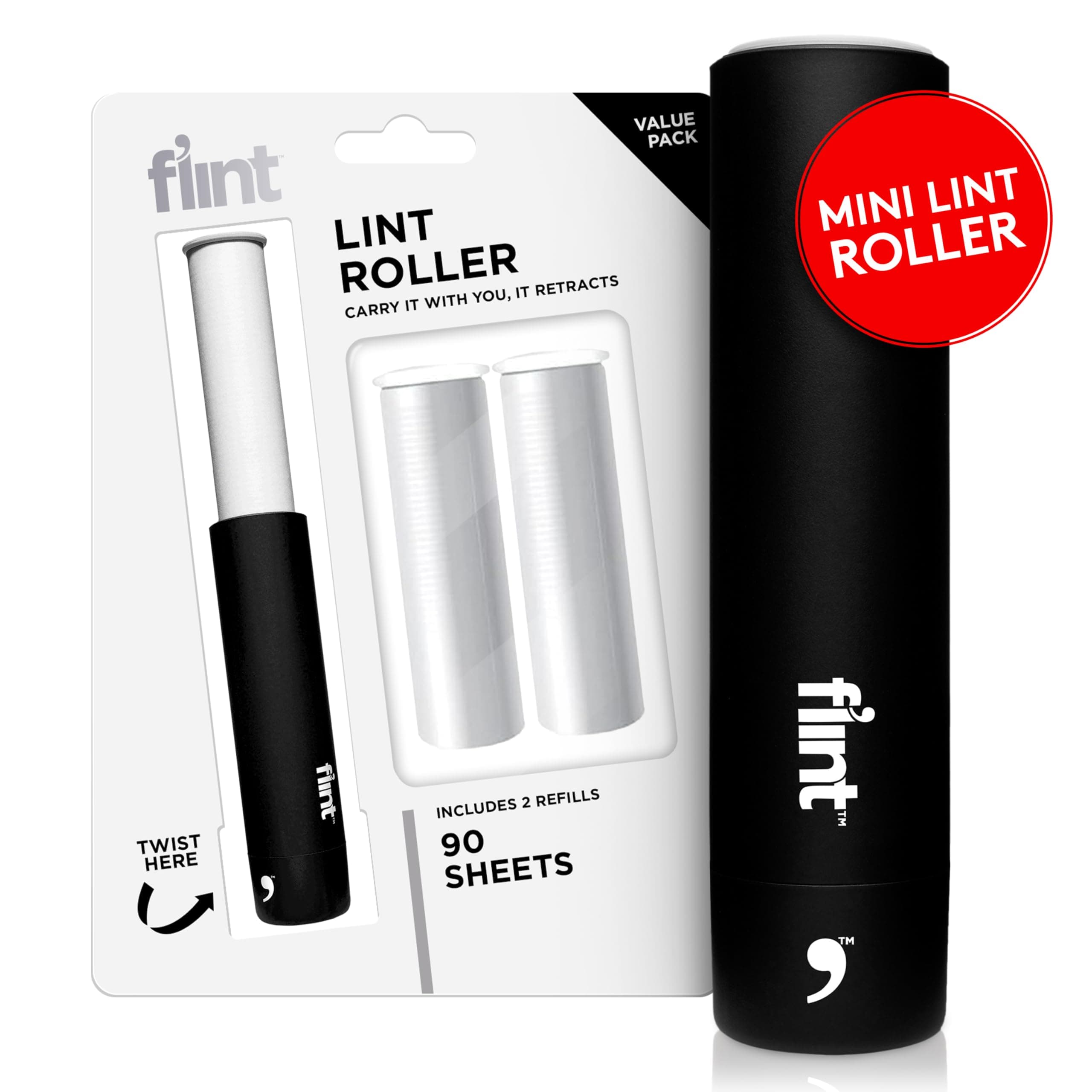 Flint Classic Retractable Lint Roller - Refillable Travel Lint Roller - 90 Sheets (Black)
