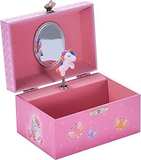 Jewelkeeper Unicorn and Butterfly Themed Jewellery Box Pink for Girls - Wooden Jewelry Box with Velvet Lining for Little Girl's Necklaces and Accessories - Spinning Unicorn Doll, Toys for Girls