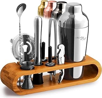 Mixology & Craft Cocktail Shaker Set with Bamboo Stand - Professional 10-Piece Bartender Kit - Complete Bar Set & Cocktail Mixer Kit for Home (Silver)