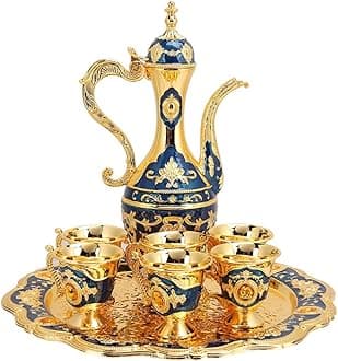 Alvinlite Small Vintage Turkish Coffee Pot Set, Turkish Tea Set with 6 Coffee Cups, Golden Wine Decanter and Glasses Set, Turkish Copper Coffee Cup Set for Home Tea Party 40ml/Cup(Blue)