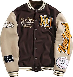 Men's Letter Graphic Varsity Jacket Long Sleeve Striped Trim Button Bomber Jackets