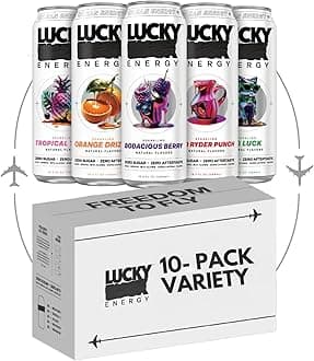 Lucky EnergySugar Free Energy Drinks 19.2 Fl Oz Cans (Pack of 10) Healthy Energy Drink Variety Pack With Five Flavors, with Maca, Ginseng, Taurine, Beta-Alanine, 200mg Caffeine (Packaging May Vary)