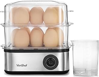VonShef 3 in 1 Egg Boiler, Poacher and Omelette Maker Electric - Multifunctional, Extra Large Capacity for 16 Eggs, Poaching and Omelette Bowl Included & Automatic Switch Off – Stainless Steel 500W