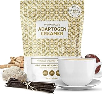 Superfood Keto Mushroom Coffee Creamer Powder - MCT Oil, Lion's Mane, Reishi Mushroom Supplement, Ashwagandha - Dairy Free Vanilla, Full BodyHealth Boost, by Moontower Matcha (7oz)