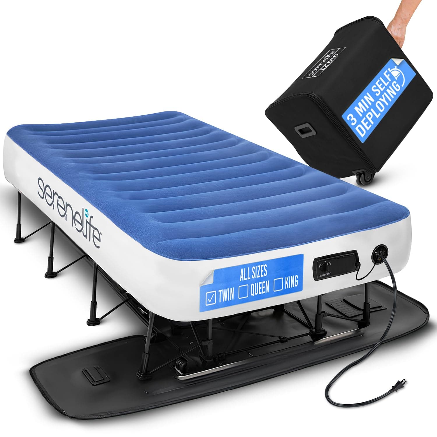 EZ Bed Air Mattress with Frame and Rolling Case, Self-Inflating Airbed with Built in Pump for Travel and Hosting, Twin