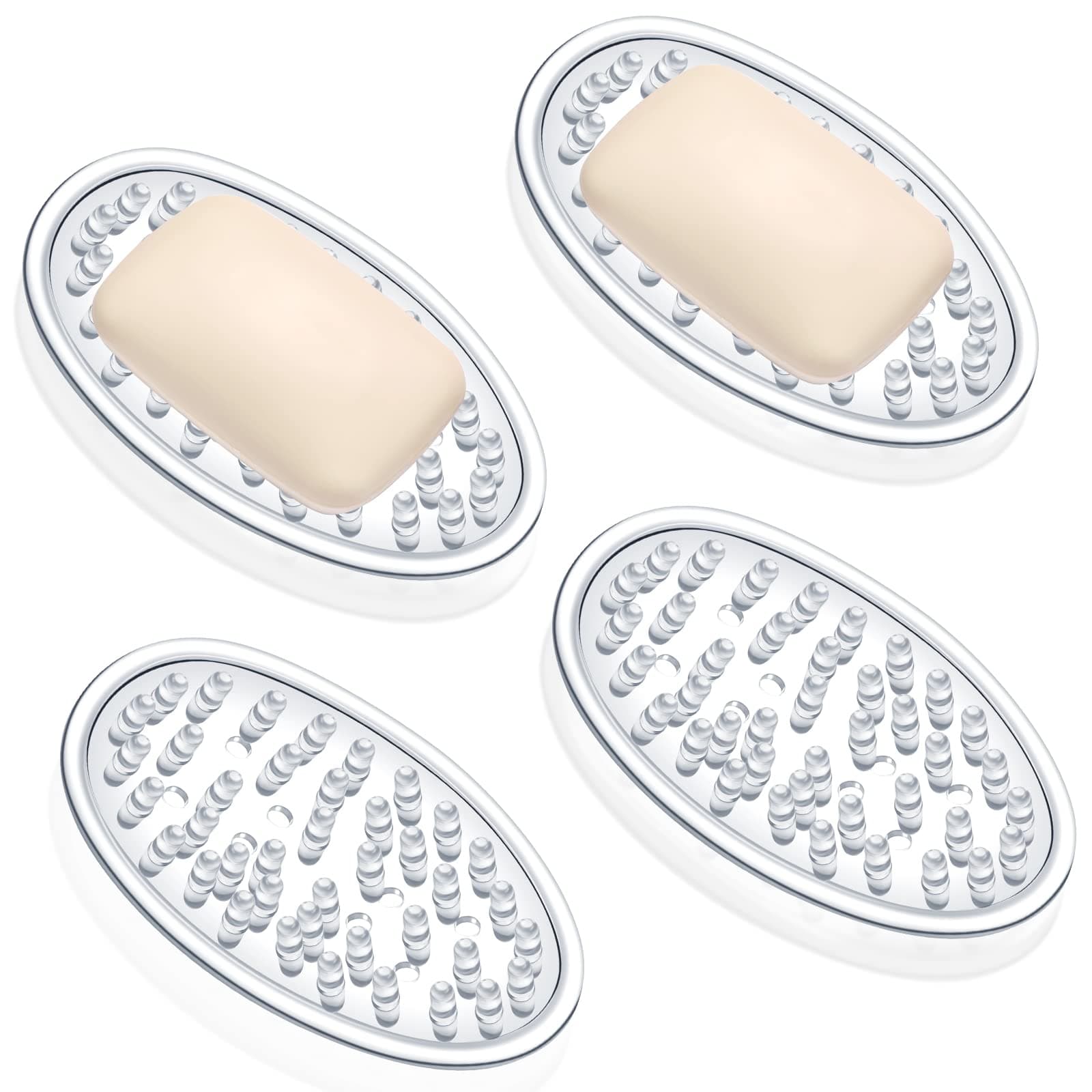 4 Pcs Plastic Soap Holder Soap Dish Bar Saver Tray with Holes Sponge Holder for Kitchen Bathroom Shower Counter, 4.5 x 3 x 0.7 Inches (Clear)