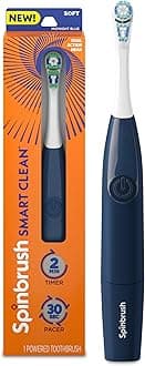 Spinbrush Smart Clean Battery Powered Electric Toothbrush for Adults with Dual Action Head, Pacer & Timer, Midnight Blue, Soft Bristles, 1 Count