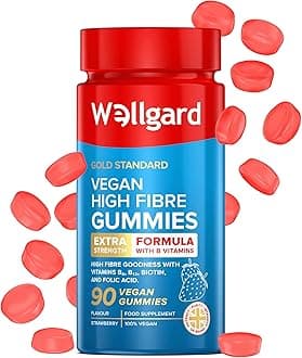 – Vegan High Fibre Gummies Wellgard – High Strength Fibre Gummy Vitamins B₆, B₁₂, Biotin, and Folic Acid, Strawberry Flavour, UK Formulated