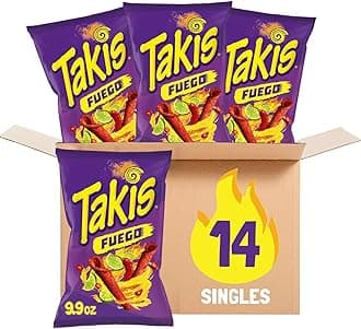 Takis Fuego Rolled Spicy Tortilla Chips, Hot Chili Pepper Lime Flavored, Multipack Box 14 Bags, 9.9 Ounces Each