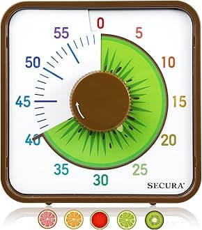 Secura 7.5-Inch Fruit Visual Timer for Kids, 60-Minute Countdown Timer for Classroom or Kitchen, Durable Mechanical Timer Clock with Magnetic Backing (Kiwi), T764-FR-BN
