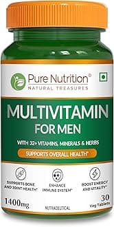 Pure Nutrition Multivitamin for Men (1400mg), 30 Veg Tablets, with Biotin, Iron, Alfa Alfa, Moringa, Ginseng, Fenugreek & Green Tea | Supports Immunity, Energy, Stamina, Bone & Overall Health