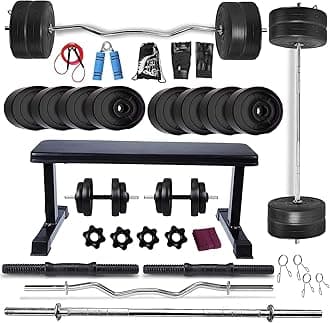 BODYFIT Home Gym Set Combo Kit, Gym Strength Training, (16-100 Kg), 3Ft Curl, 5Ft Plain Rod, Flat Bench-Black, 2X14'' Dumbbell Rods Weight Plates, Fitness Exercise Set. (24 Kg Weight Plates)