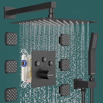 12 Inch Shower System with 6 Body Jets, Rain Shower and Handheld Spray, Wall Mounted Shower Faucet Set with Thermostatic Valve and Trim Kit, Matte Black