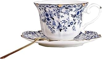 Vintage Floral Porcelain Tea Cup and Saucer Set with Spoon, Gold Trim, 6.4 oz – Set of 1, Blue – Tea & Espresso & Coffee Cups (1, China Flower)