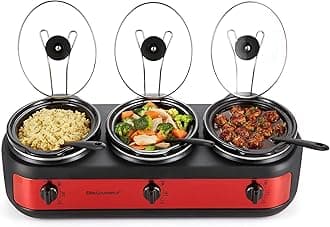 Elite Gourmet EWMST-325R Maxi-Matic Triple Slow Cooker Buffet Server Adjustable Temp Dishwasher-Safe Oval Ceramic Pots, Lid Rests, 3 x 2.5 Qt Capacity, Red