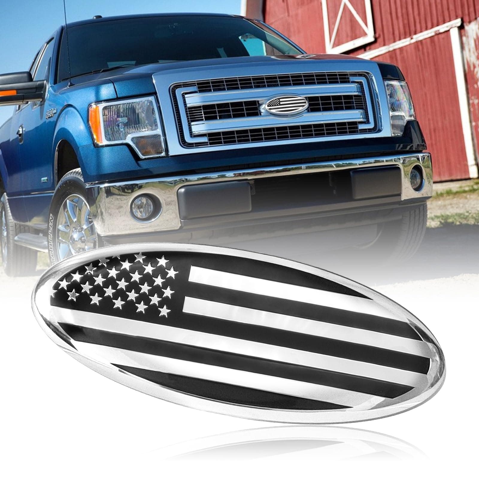 Front Grill Rear Tailgate Oval Emblem for Ford, 9 Inch American Flag Badge Compatible with Ford F150 F250 F350 11-14 Edge 11-16 Explorer (Silver)