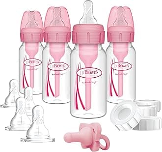 Dr. Brown's Anti-Colic Baby Feeding Set with Slow Flow Nipples, Travel Caps, Silicone Pacifier - Pink