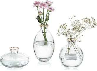Small Vases for Table Decoration, Vintage, Handmade, 3-Piece Mini Vase Glass Gold Rim, Flower Vase, Modern Set, Various Sizes, Slim Hydroponic Glass Vase for Flowers, Decoration, Wedding, Table,