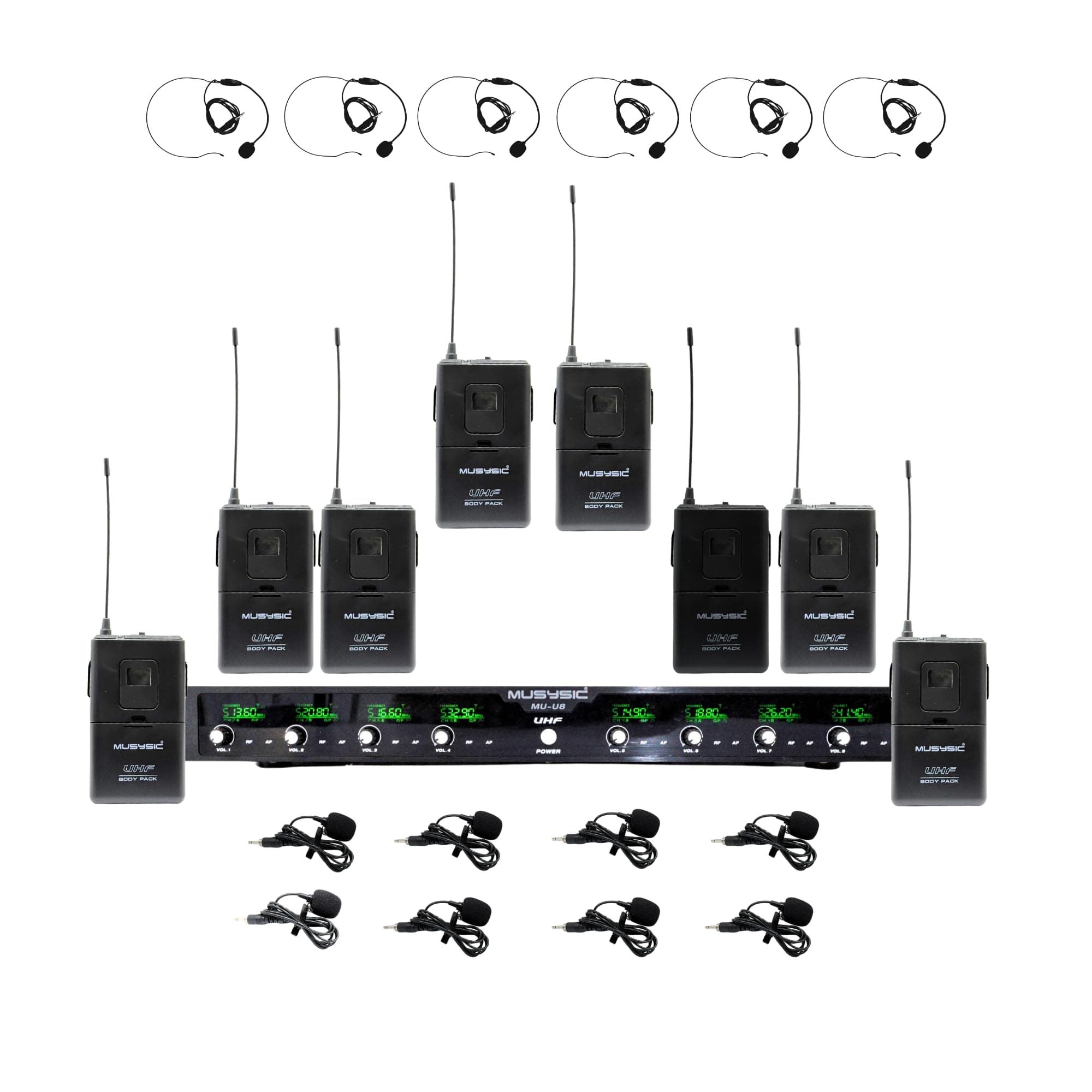 MUSYSIC 8-Channel Professional Wireless UHF Microphone System, 300ft Range Fixed Frequency Bodypack Headset/Lapel Microphones for Singing, Karaoke, Church, DJ (Frequency Set 2)