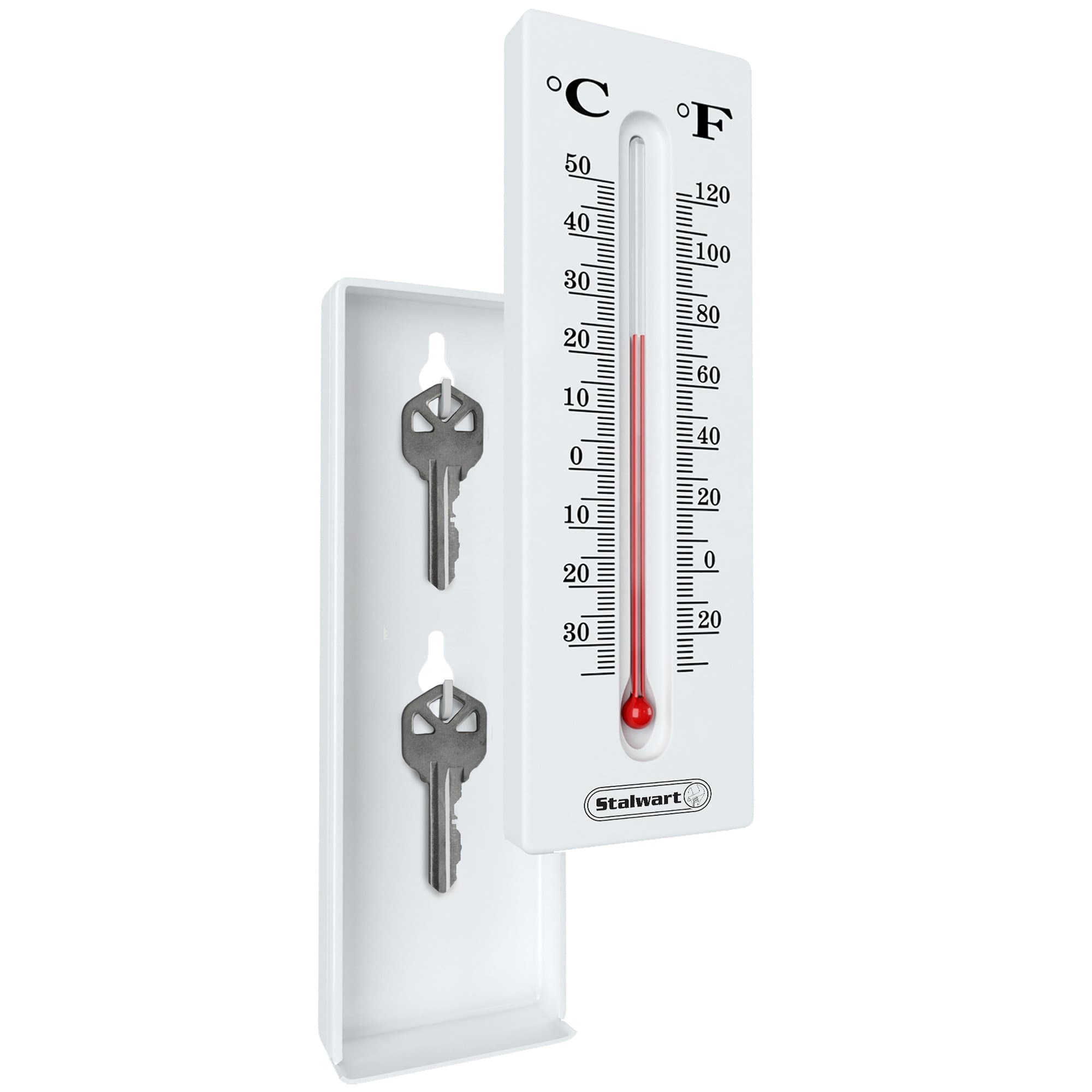 Hide a Key for House, Car, and Safe Keys- Temperature Reading Indoor and Outdoor Working Wall Mount Thermometer with Key Storage by Stalwart
