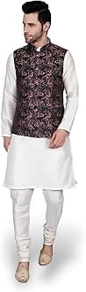 Ethluxis® Men's Silk Blend Kurta Churidar Pyjama with Ethnic Bundi Jacket Set