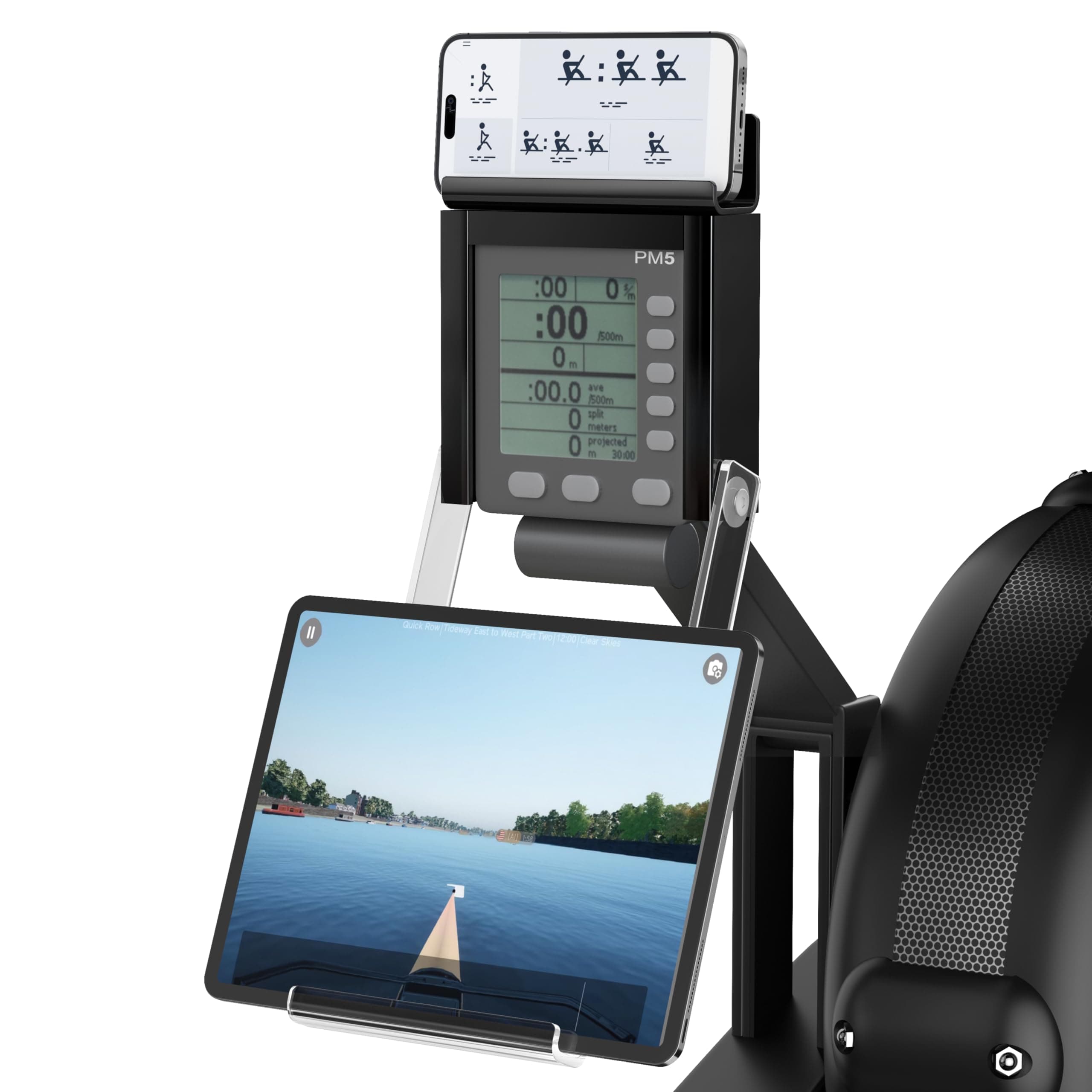 Phone & Tablet Holder Compatible with Concept 2 Rowing Machine & Skierg with PM5 Monitor, Rower Accessories, 2-in-1 Phone & Tablet Mount Stand for Model D&E and Rowerg, NOT for PM3/PM4, Patent Pending