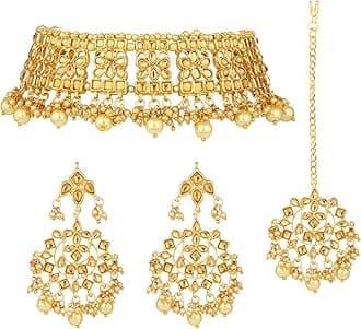 Elegant Indian Faux Kundan Studded Choker Necklace with Maang Tikka Set Ethnic Wedding Wear Bharatanatyam jewellery set Gift for Women