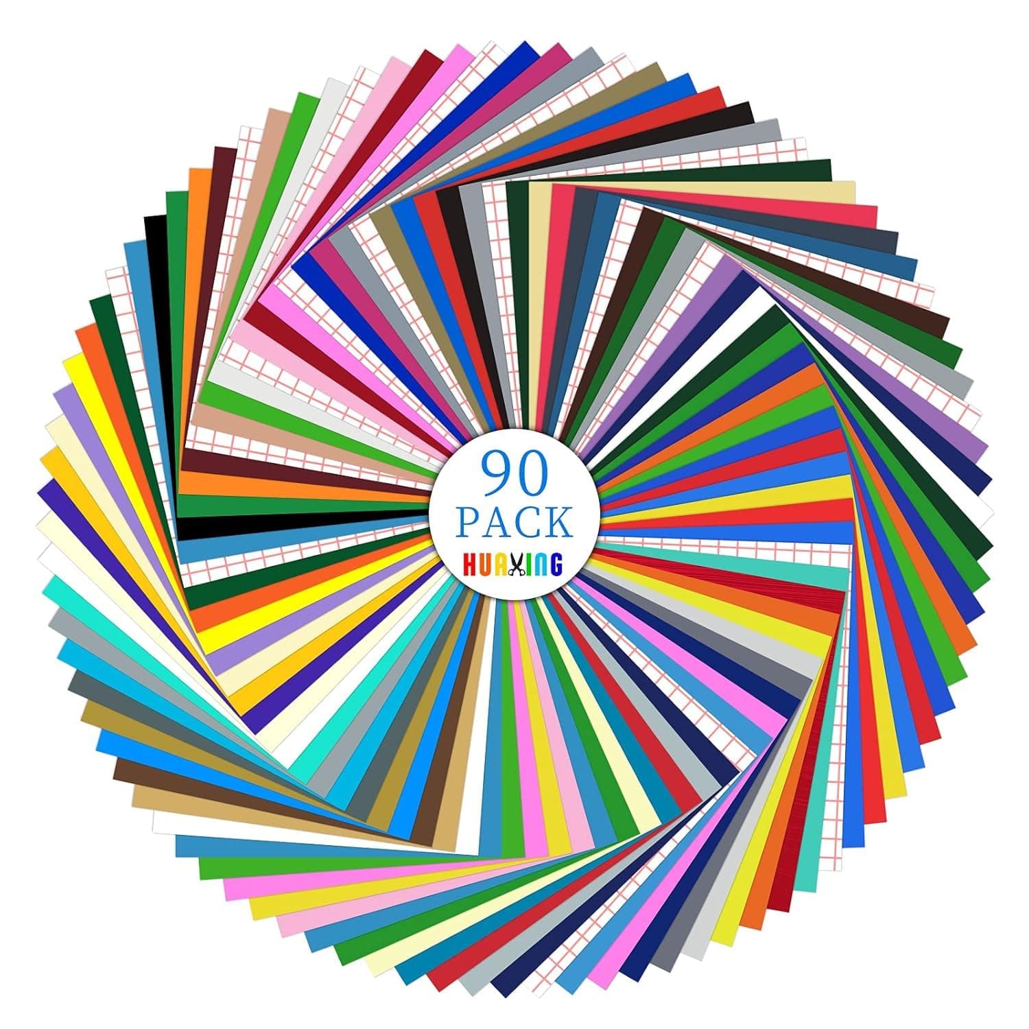 Huaxing Permanent Adhesive Vinyl Bundle - 90 Pack Vinyl Sheets (12”x12”, Glossy, Matte, Metallic) for Most Cutting Machines and Party Decoration, Sticker, Craft Cutter, Car Decal.