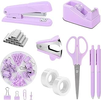 SKYDUE Purple Desk Accessories, Purple Office Supplies Set, Stapler, Tape Dispenser, Scissors, Binder/Paper Clips and 1000pcs Staples,Office Supplies for Women