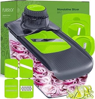Fullstar Mandoline Slicer for Kitchen, Fruit Cutter, Cheese Grater, Cucumber Slicer, Veggie Spiralizer, Food Cutter & Kitchen Gadgets & Gifts with Safety Glove (6 in 1, Gray/Green)