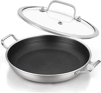DELARLO Whole body Tri-Ply Stainless Steel Nonstick Frying Pan 12.6 inch With lid Oven safe induction Hybrid skillet kitchen Chef's pan