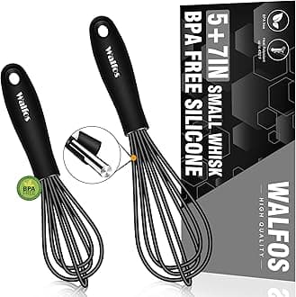 Walfos Whisk 5+7in/12cm+17cm Mini Whisk,Silicone Whisks Non Scratch Heat Resistant (480°F). Nice for stirring individual eggs and mixing small amounts of powder and sauce.Dishwasher Safe.Black