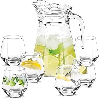 bellemax Italian Premium Water and Juice Glasses Set of 6 and Jug Set Combo,(6 Pieces Glasses 350ML and 1 Water Juice Jug 1.2 Liter), Transparent, Glass and Jug Set (Octagon)