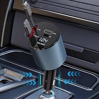Retractable Car Charger, 4 in 1 Car Phone Charger for iPhone and Type C, Retractable Cable and 2 USB Ports Fast Charging Adapter Compatible for iPhone 15/14/13 Pro Max, iPad, Samsung, Pixel
