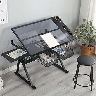 Drafting Table with Stool, Modern Black Adjustable Tempered Glass Printing Artwork Desk for Art Studio Home Office School